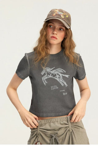 [Monterest] Unicorn Print Slim Fit Cropped Tee
