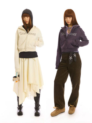 [NeverSeez] Cropped Raw Edge Hooded Zip-Up