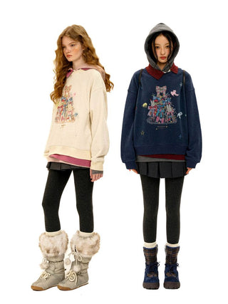 [Moromoro2] Bow Print Layered Hooded  Sweatshirt