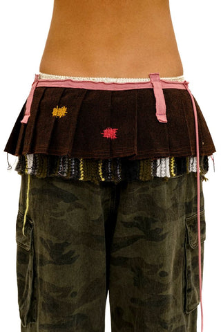 [Moromoro2] Wool Blend Striped Patchwork Pleated  Skirt