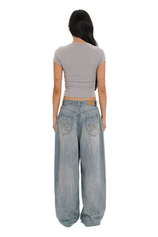 [Moromoro2] Rhinestone Bow Embroidered  Denim