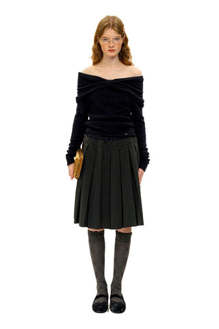 [Moromoro2] Bow Pleated Off-shoulder Knit  Sweater