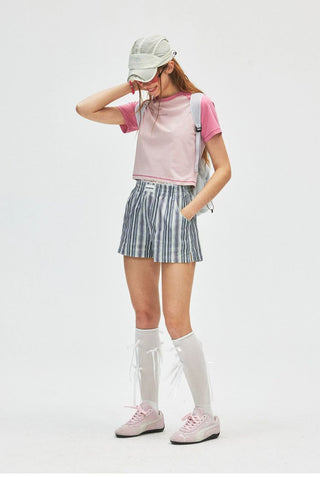 [Monterest] Lace Trim Striped Relaxed Shorts