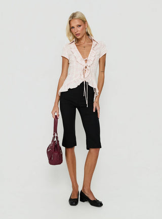 Raylynn Frill Detail Short Sleeve Collared Top Pink Check