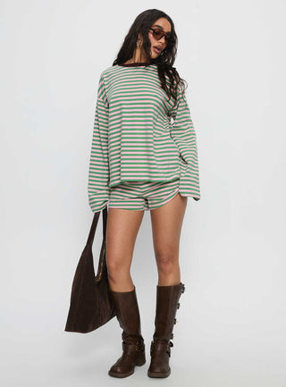 Settle Down Long Sleeve Top Green  Pink Stripe