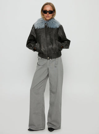 Brittanni Fluffy Collar Jacket Black  Blue