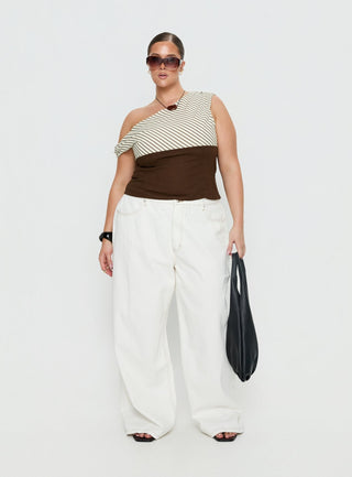 Past Life One Shoulder Top Brown  Stripe Curve