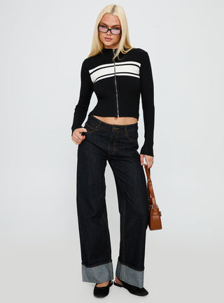 Decisive Zip Through Knit Sweater Black  White