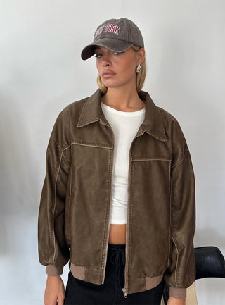 Goldsmith Faux Leather Bomber Jacket Washed Dark Brown
