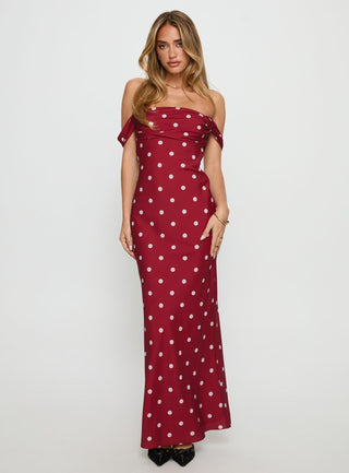End Credits Off Shoulder Pleat Maxi Dress Red  Polka Dot