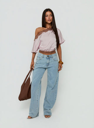 Full Send Off Shoulder Lace Trim Top Pink / Brown
