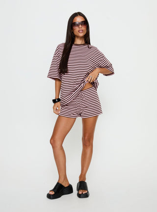 Settle Down Short Sleeve Top Pink  Brown Stripe