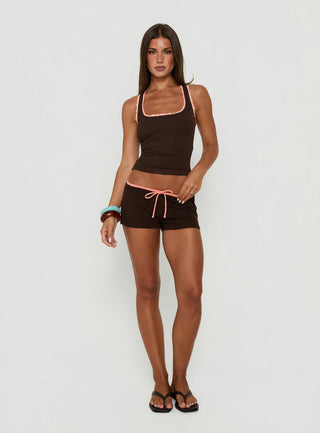 Lyndsie Rib Lace Racer Back Tank Brown / Coral