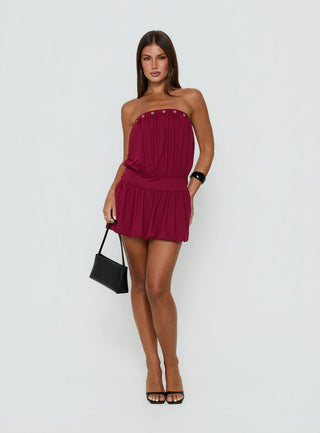 Lenika Eyelet Strapless Mini Dress Burgundy