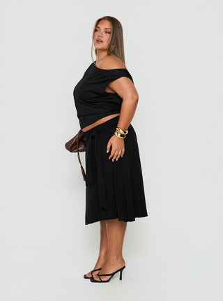 Soft Focus Tie Waist Midi Skirt Black Curve