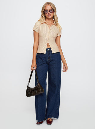 Lift Off Button Up Top Cream  Navy Stripe