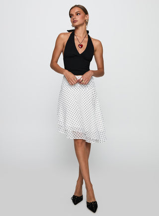 Evanescence Asymmetrical Midi Skirt White  Polka Dot