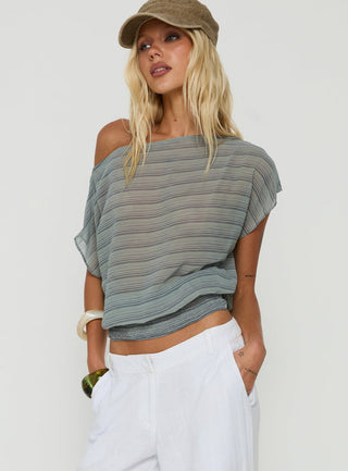 Lindenn Off Shoulder Sheer Top Grey Stripe
