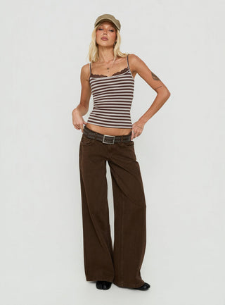 Spring To Summer Lace Trim Top Grey / Brown Stripe