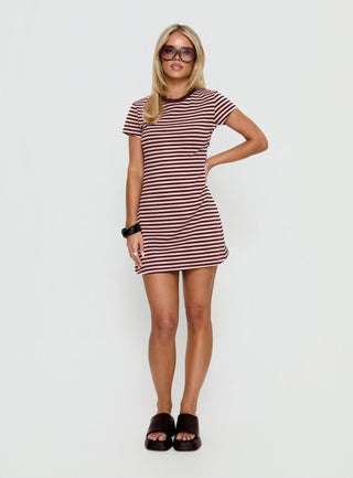 Settle Down Short Sleeve Mini Dress Pink  Brown Stripe