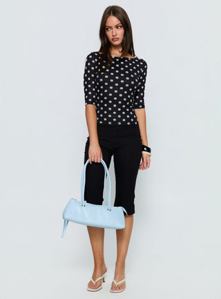 Venna 34 Sleeve Boat Neck Top Black  White Polka