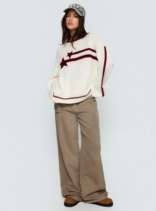 Star Track Graphic Jumper Cream  Red