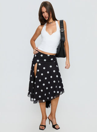 Dulciana High Split Asymmetrical Midi Skirt Black  Polka Dot