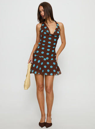 Karolie Halter Plunge Mini Dress Brown  Blue Polka Dot