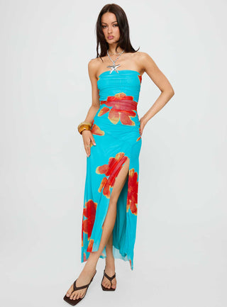 Katara Strapless Maxi Dress Blue  Orange Floral