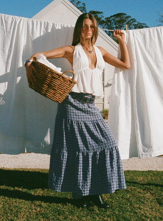 Rockwell Tiered Midi Skirt Navy Check