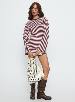 Lulolah Long Sleeve Mini Dress Chocolate  Pink Stripe