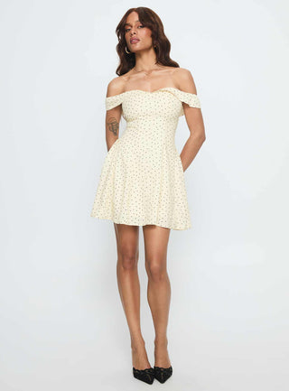 Rosebud Off The Shoulder Mini Dress Yellow  Polka Dot