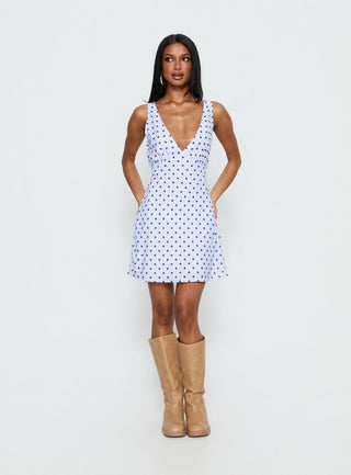 Nellie Mini Dress Blue  Brown Polka Dot
