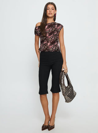 Justyna Sheer Top Off Shoulder Top Brown  Pink Floral