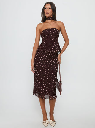 Sydni Midi Bias Cut Skirt Chocolate  Pink Polka