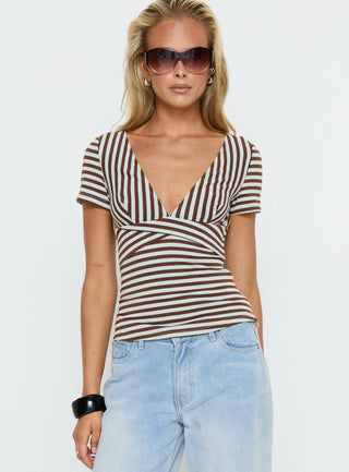 Madelon Short Sleeve Wrap Top Brown  Blue Stripe