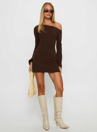 Adrietta Long Sleeve Off Shoulder Mini Dress Brown
