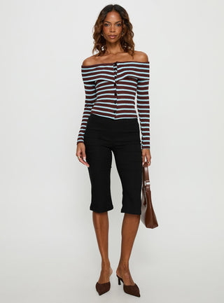 Raelena Off Shoulder Long Sleeve Top Blue  Brown Stripe