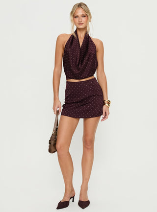 Keiana Plunge Neck Top Burgundy  Pink Polka