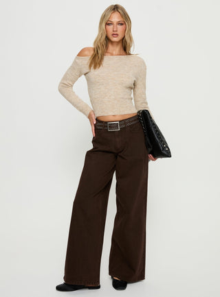 Selbey Fluffy Cinched Waist Off Shoulder Top Cream Marle