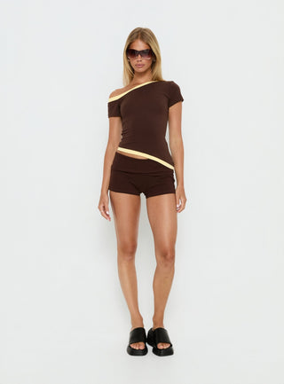 Eustace Off Shoulder Asymmetrical Top Brown  Yellow