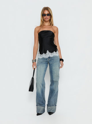 Fiorelle Strapless Lace Trim Satin Top Black  White