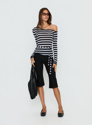 Kastor One Shoulder Long Sleeve Top Navy  Grey Stripe