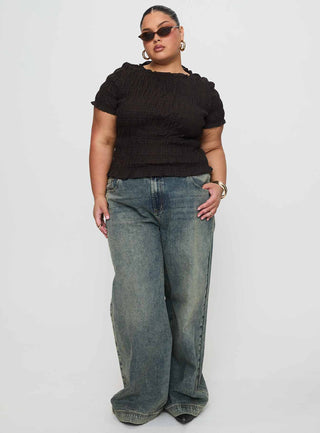 Romelle Shirred Top Black  Brown Plaid