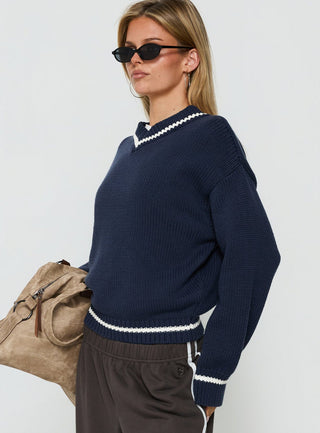 Myrandah V Neck Long SLeeve Knit Sweater Navy