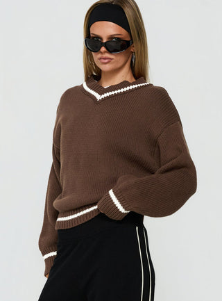 Myrandah V Neck Long SLeeve Knit Sweater Chocolate Stripe