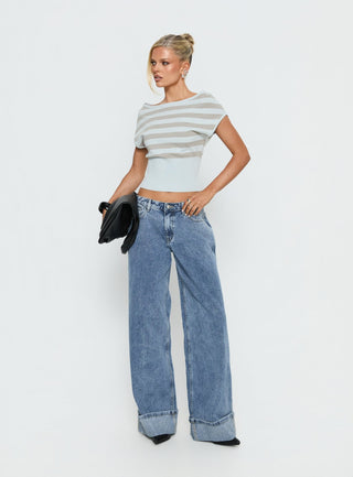 Vianne Cinched Waist Short Sleeve Knit Top Blue  Grey Stripe