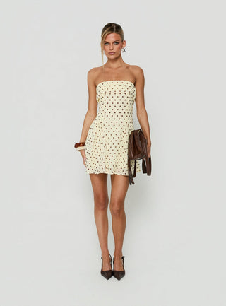 Dalona Strapless Drop Waist Mini Dress Yellow Polka Dot