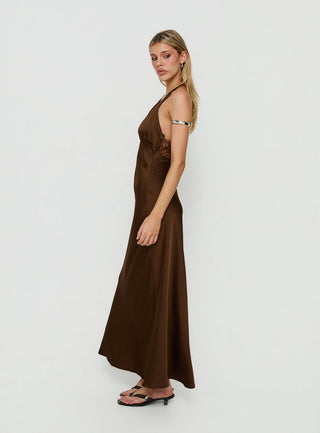 Adamaria Plunge Halter Lace Trim Maxi Dress Chocolate