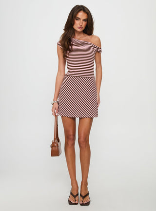 My Fun Off Shoulder Jersey Mini Dress Pink  Brown Stripe